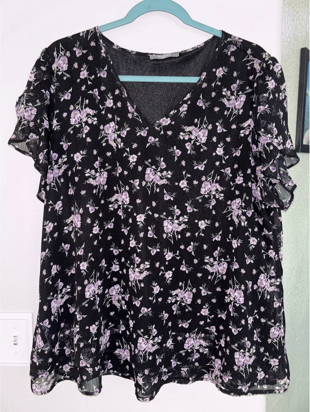 Furne Black Purple Floral Chiffon Layered Flutter Sleeve V-Neck Plus Size XXL